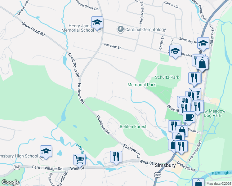 map of restaurants, bars, coffee shops, grocery stores, and more near 31 Beldenwood Road in Simsbury