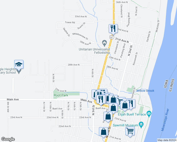map of restaurants, bars, coffee shops, grocery stores, and more near 2604 North 4th Street in Clinton