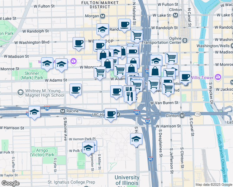 map of restaurants, bars, coffee shops, grocery stores, and more near 329 South Peoria Street in Chicago