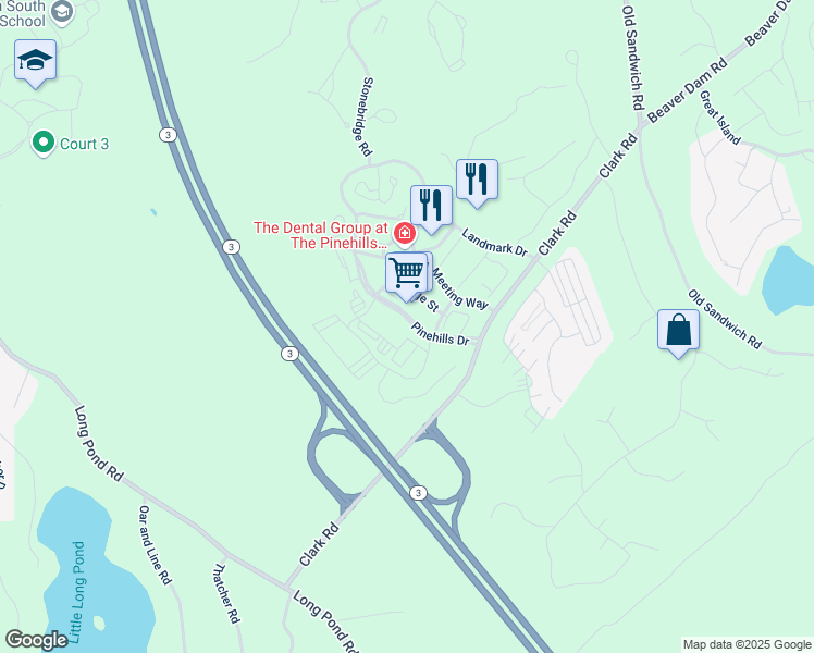 map of restaurants, bars, coffee shops, grocery stores, and more near 40 Pinehills Drive in Plymouth