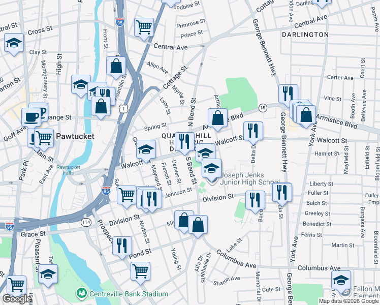 map of restaurants, bars, coffee shops, grocery stores, and more near 219 Walcott Street in Pawtucket