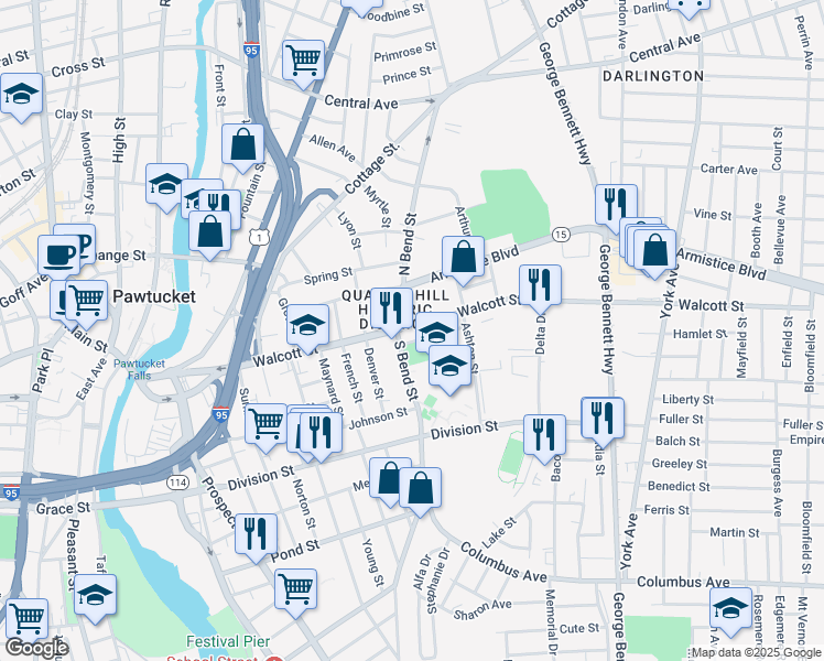 map of restaurants, bars, coffee shops, grocery stores, and more near 27 South Bend Street in Pawtucket