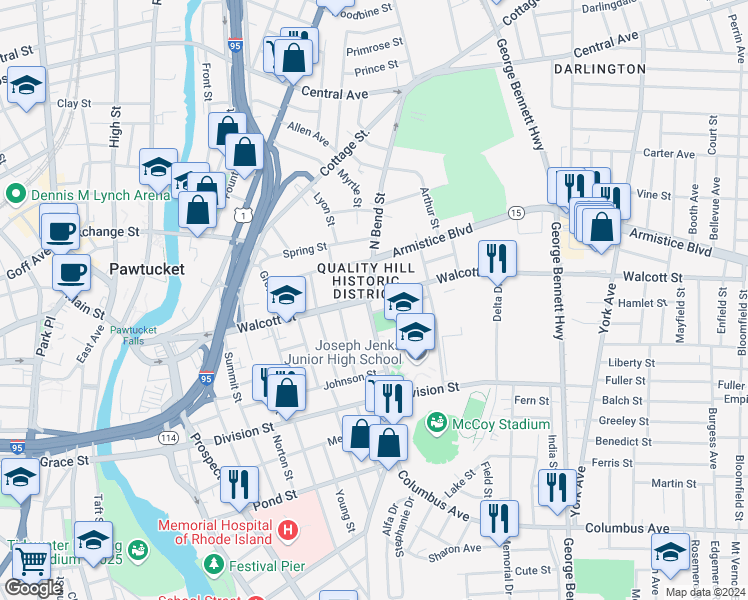 map of restaurants, bars, coffee shops, grocery stores, and more near 27 South Bend Street in Pawtucket