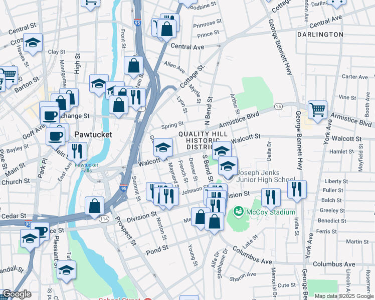 map of restaurants, bars, coffee shops, grocery stores, and more near 79 Denver Street in Pawtucket