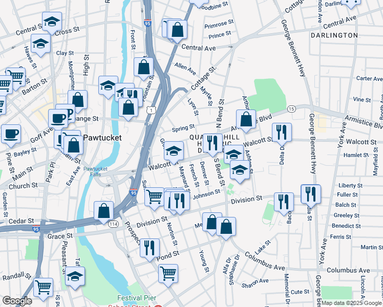 map of restaurants, bars, coffee shops, grocery stores, and more near 79 Denver Street in Pawtucket