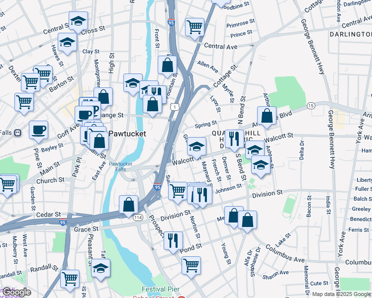 map of restaurants, bars, coffee shops, grocery stores, and more near in Pawtucket