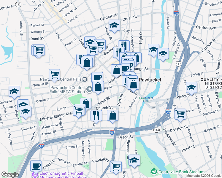 map of restaurants, bars, coffee shops, grocery stores, and more near 393 Main Street in Pawtucket