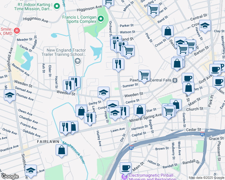 map of restaurants, bars, coffee shops, grocery stores, and more near in Pawtucket