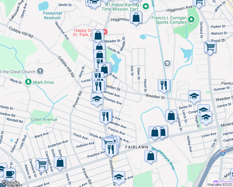 map of restaurants, bars, coffee shops, grocery stores, and more near 72 Thomas Avenue in Pawtucket