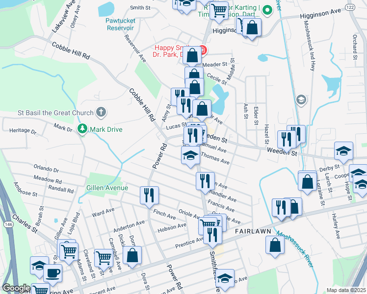 map of restaurants, bars, coffee shops, grocery stores, and more near 205 Morris Avenue in Pawtucket