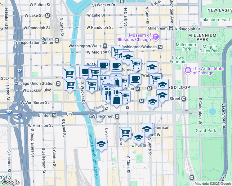 map of restaurants, bars, coffee shops, grocery stores, and more near 166 West Van Buren Street in Chicago