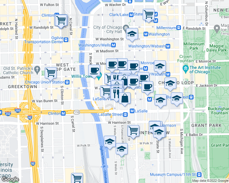 map of restaurants, bars, coffee shops, grocery stores, and more near 166 West Van Buren Street in Chicago