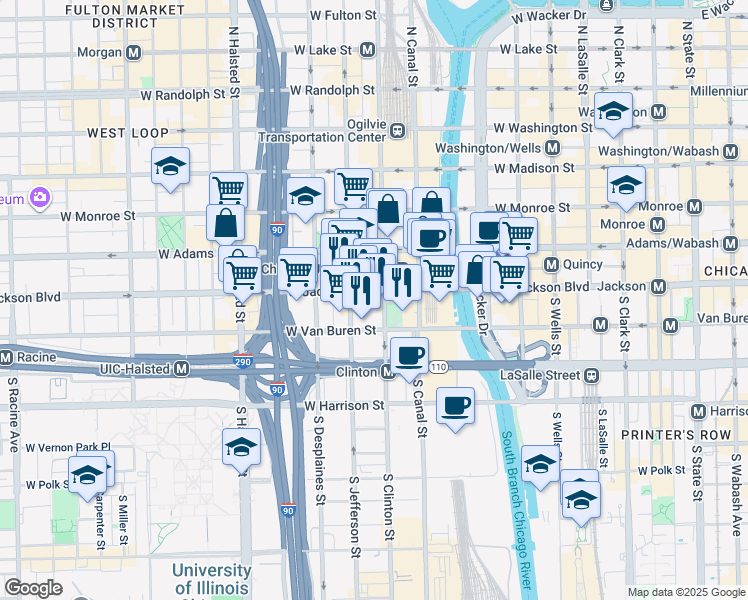 map of restaurants, bars, coffee shops, grocery stores, and more near 566 West Van Buren Street in Chicago