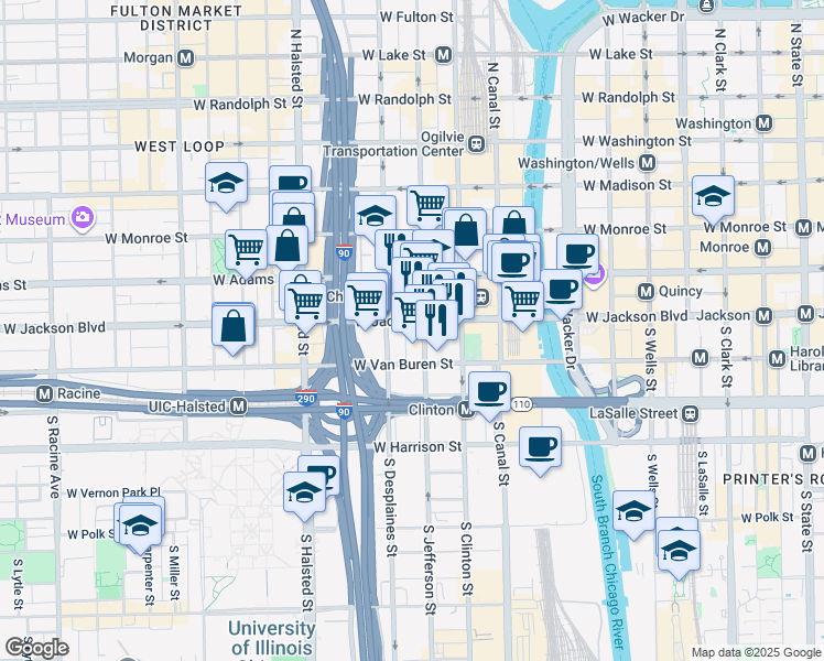 map of restaurants, bars, coffee shops, grocery stores, and more near 102 South Jefferson Street in Chicago