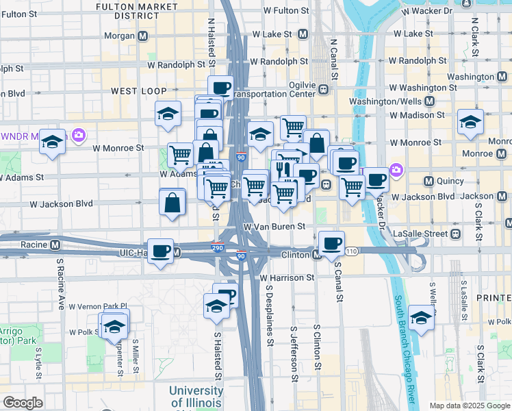 map of restaurants, bars, coffee shops, grocery stores, and more near 720 West Gladys Avenue in Chicago