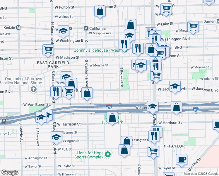 map of restaurants, bars, coffee shops, grocery stores, and more near 2644 West Gladys Avenue in Chicago