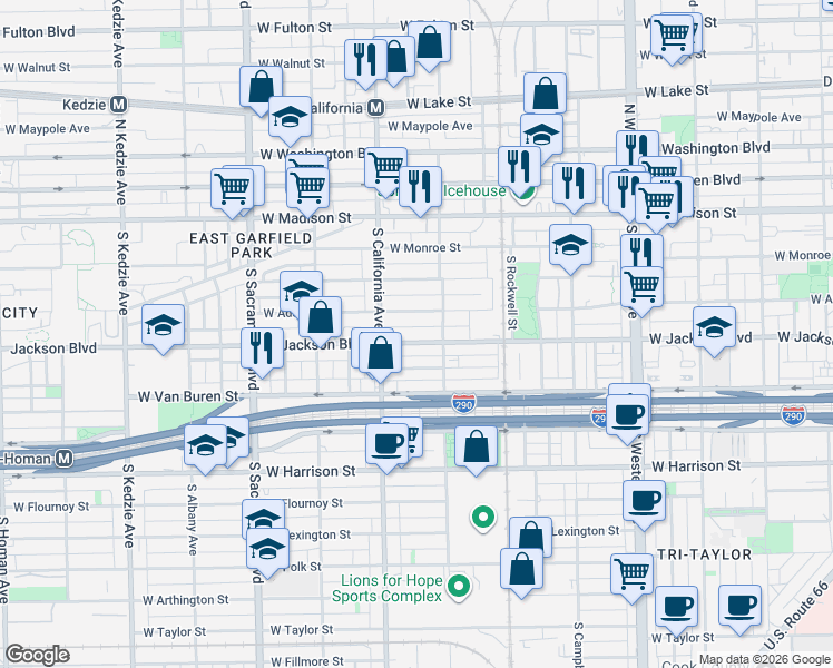 map of restaurants, bars, coffee shops, grocery stores, and more near 2718 West Gladys Avenue in Chicago
