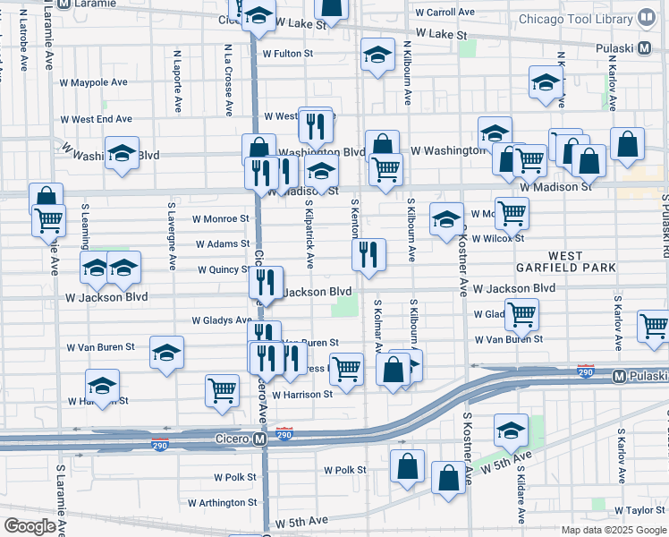 map of restaurants, bars, coffee shops, grocery stores, and more near 4618 West Jackson Boulevard in Chicago