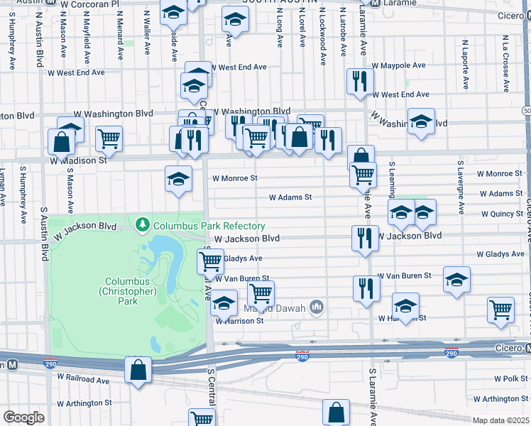 map of restaurants, bars, coffee shops, grocery stores, and more near 5426 West Jackson Boulevard in Chicago