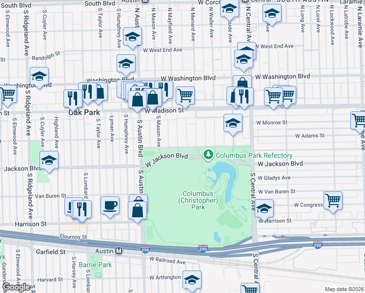 map of restaurants, bars, coffee shops, grocery stores, and more near 5775-5999 West Jackson Boulevard in Chicago