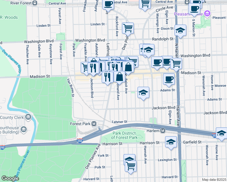 map of restaurants, bars, coffee shops, grocery stores, and more near in Forest Park