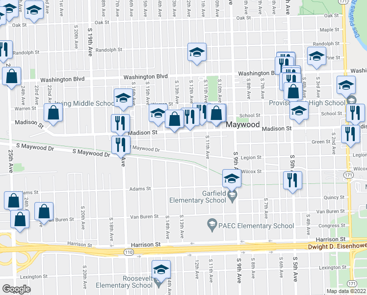 map of restaurants, bars, coffee shops, grocery stores, and more near 1304 North Maywood Drive in Maywood