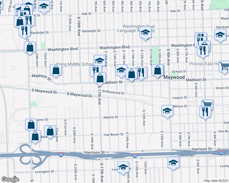 map of restaurants, bars, coffee shops, grocery stores, and more near 1201 South 16th Avenue in Maywood