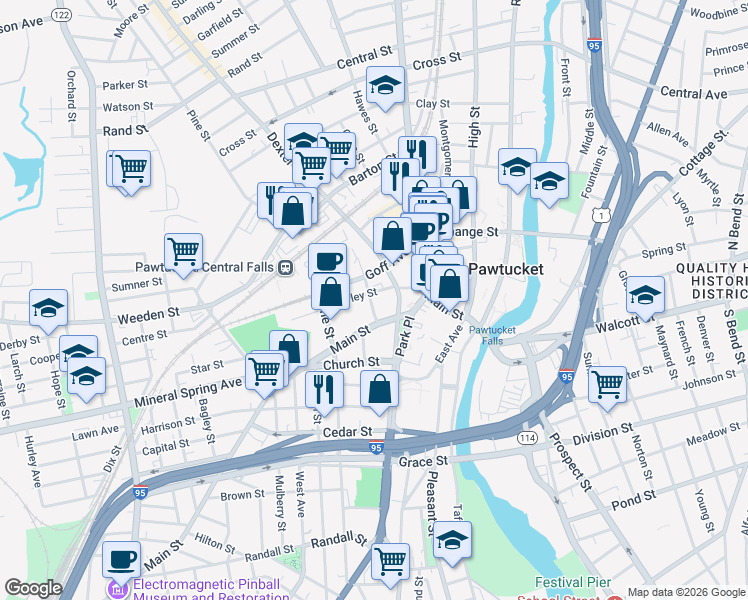 map of restaurants, bars, coffee shops, grocery stores, and more near 393 Main Street in Pawtucket