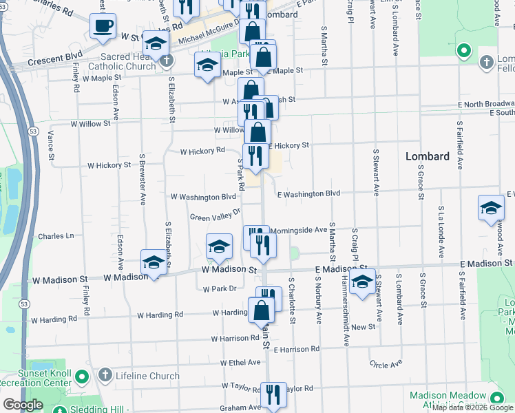 map of restaurants, bars, coffee shops, grocery stores, and more near 500 South Main Street in Lombard