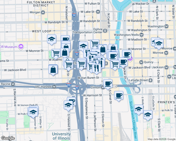 map of restaurants, bars, coffee shops, grocery stores, and more near 625 West Jackson Boulevard in Chicago