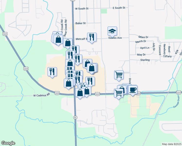 map of restaurants, bars, coffee shops, grocery stores, and more near 1357 South Main Street in Adrian