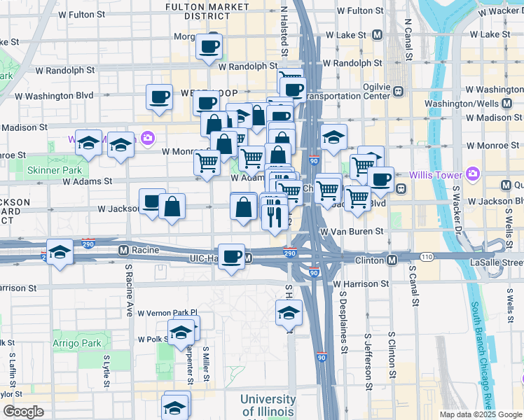 map of restaurants, bars, coffee shops, grocery stores, and more near 329 South Peoria Street in Chicago