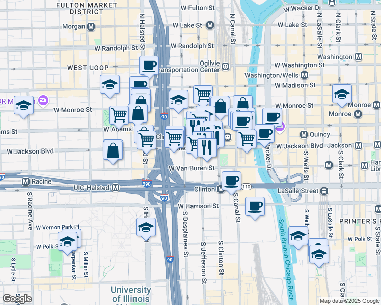 map of restaurants, bars, coffee shops, grocery stores, and more near 621 West Jackson Boulevard in Chicago