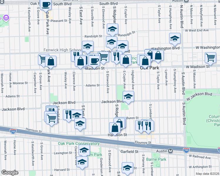 map of restaurants, bars, coffee shops, grocery stores, and more near 608 South Elmwood Avenue in Oak Park