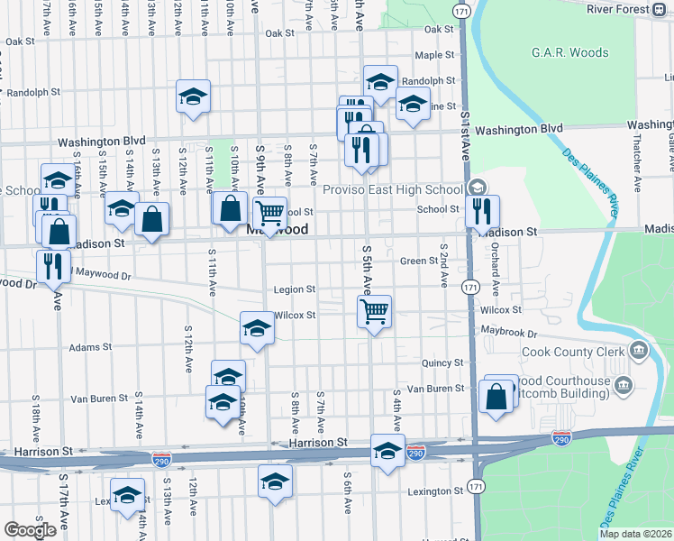 map of restaurants, bars, coffee shops, grocery stores, and more near 1104 South 6th Avenue in Maywood
