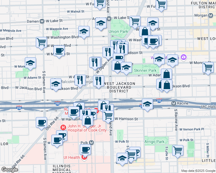 map of restaurants, bars, coffee shops, grocery stores, and more near 315 South Marshfield Avenue in Chicago