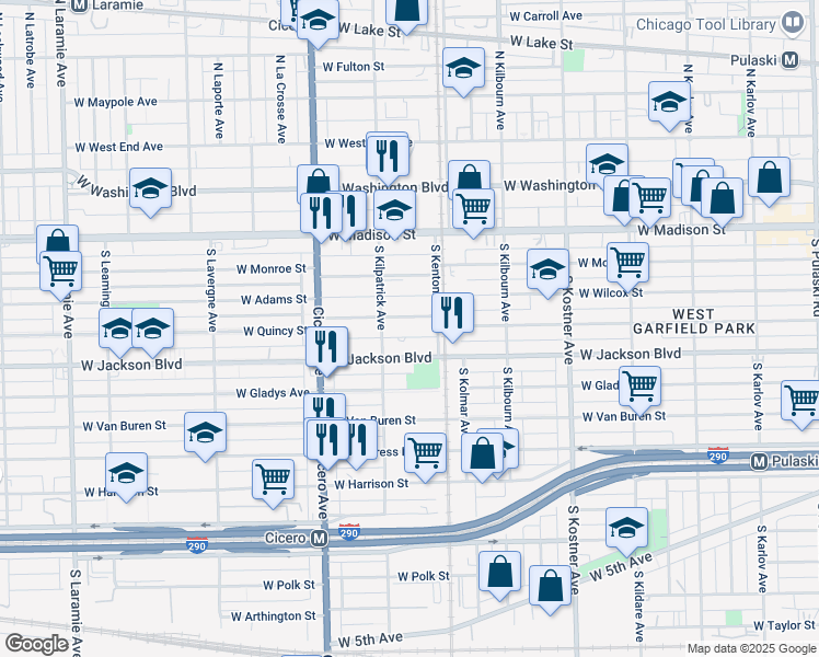 map of restaurants, bars, coffee shops, grocery stores, and more near 4618 West Jackson Boulevard in Chicago