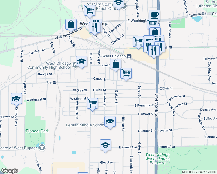 map of restaurants, bars, coffee shops, grocery stores, and more near 218 East Blair Street in West Chicago