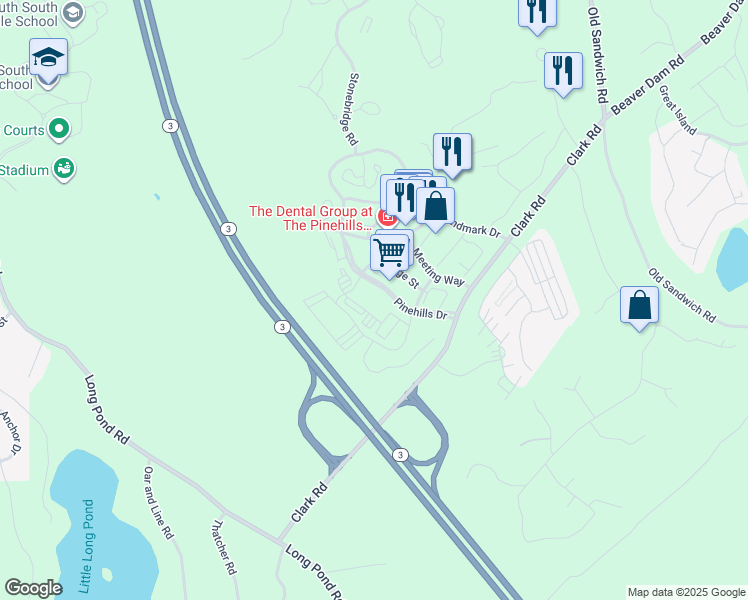 map of restaurants, bars, coffee shops, grocery stores, and more near 40 Pinehills Drive in Plymouth