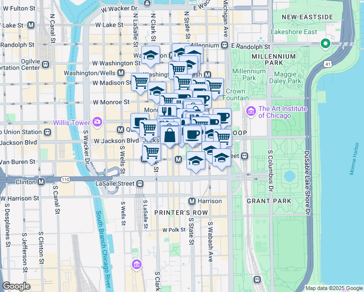 map of restaurants, bars, coffee shops, grocery stores, and more near 315 South Plymouth Court in Chicago