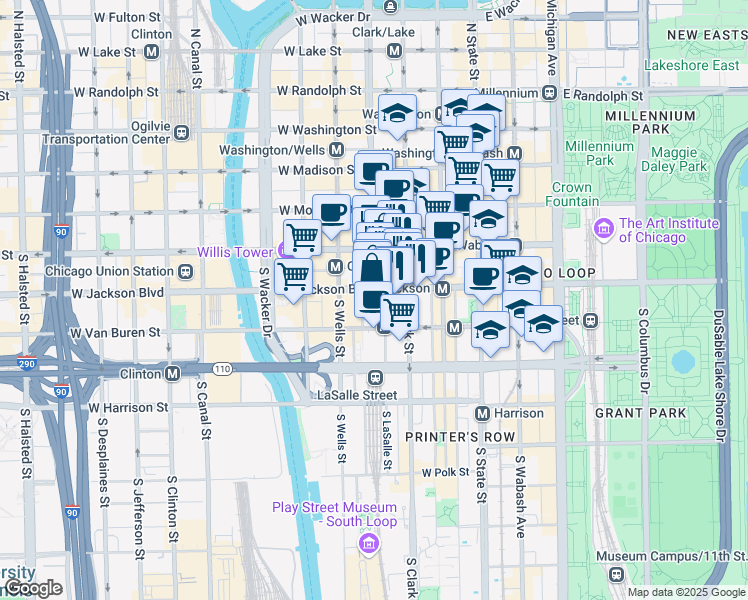 map of restaurants, bars, coffee shops, grocery stores, and more near 141 West Jackson Boulevard in Chicago