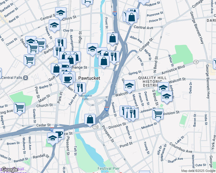 map of restaurants, bars, coffee shops, grocery stores, and more near 137 Broadway in Pawtucket