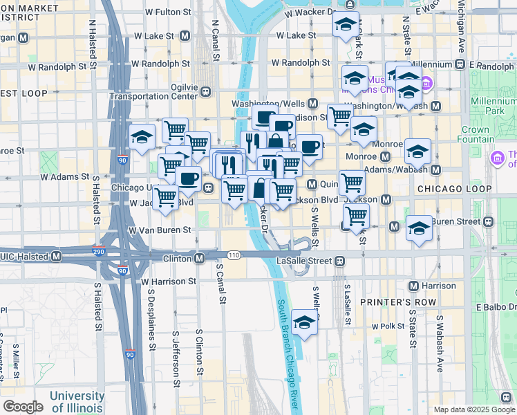 map of restaurants, bars, coffee shops, grocery stores, and more near 250 South Wacker Drive in Chicago