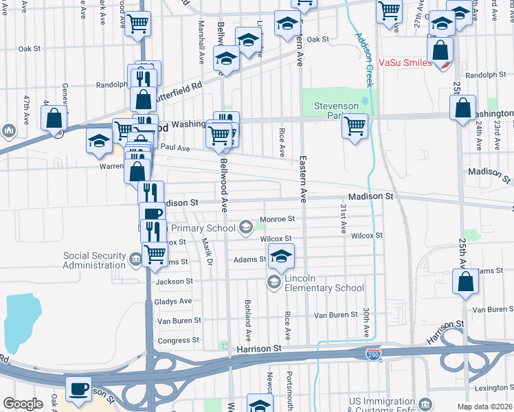 map of restaurants, bars, coffee shops, grocery stores, and more near 3500 Warren Avenue in Bellwood
