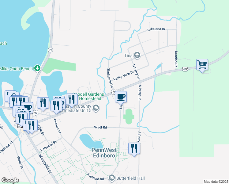 map of restaurants, bars, coffee shops, grocery stores, and more near 298 Waterford Street in Edinboro