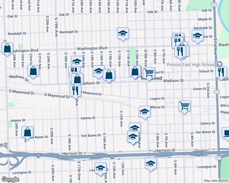 map of restaurants, bars, coffee shops, grocery stores, and more near 1300 Madison Street in Maywood