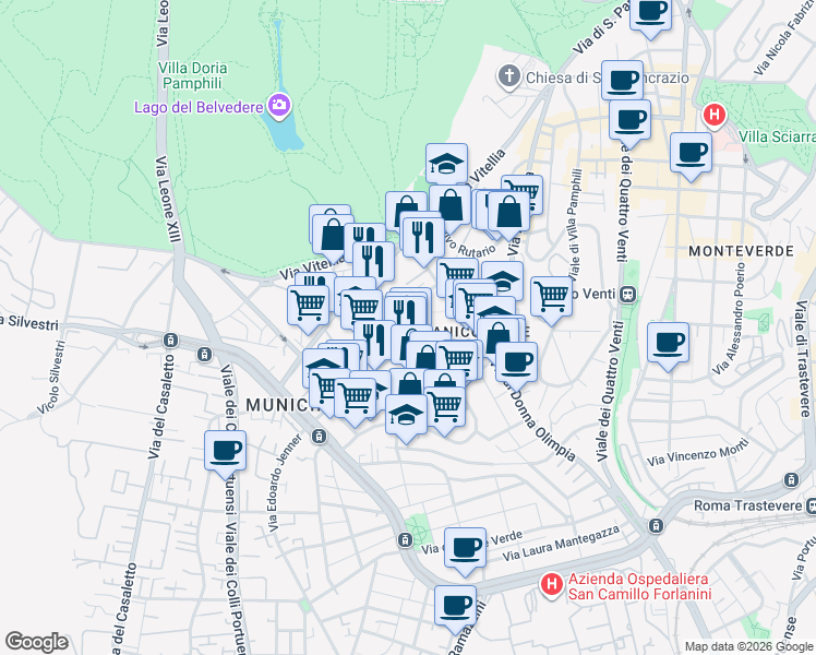 map of restaurants, bars, coffee shops, grocery stores, and more near 23 Via Raffaele Paolucci in Roma