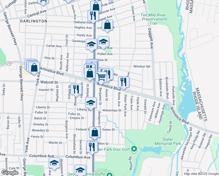 map of restaurants, bars, coffee shops, grocery stores, and more near 15 Malvern Avenue in Pawtucket