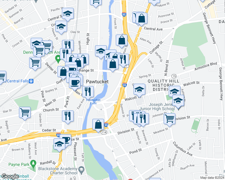 map of restaurants, bars, coffee shops, grocery stores, and more near 156 Broadway in Pawtucket