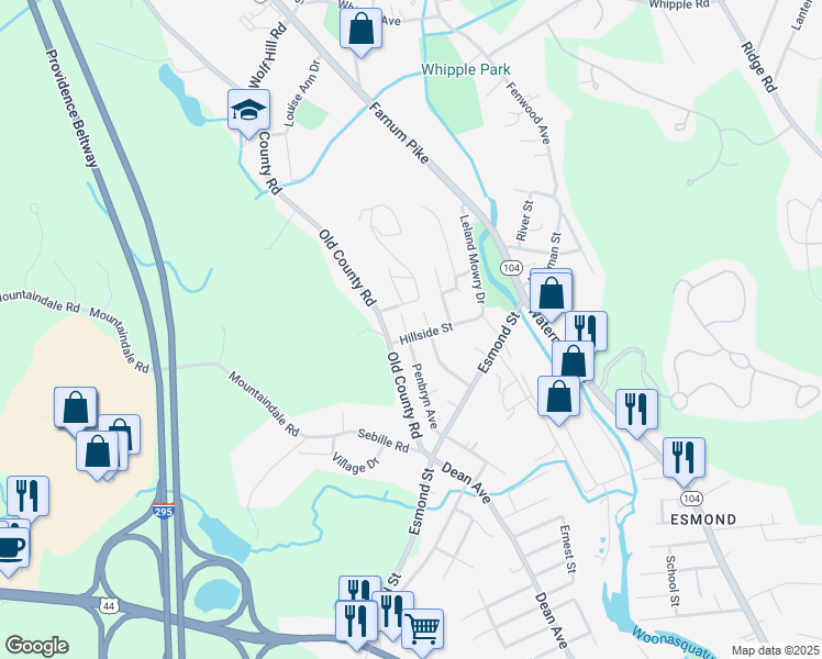 map of restaurants, bars, coffee shops, grocery stores, and more near 11 Waltham Street in Smithfield